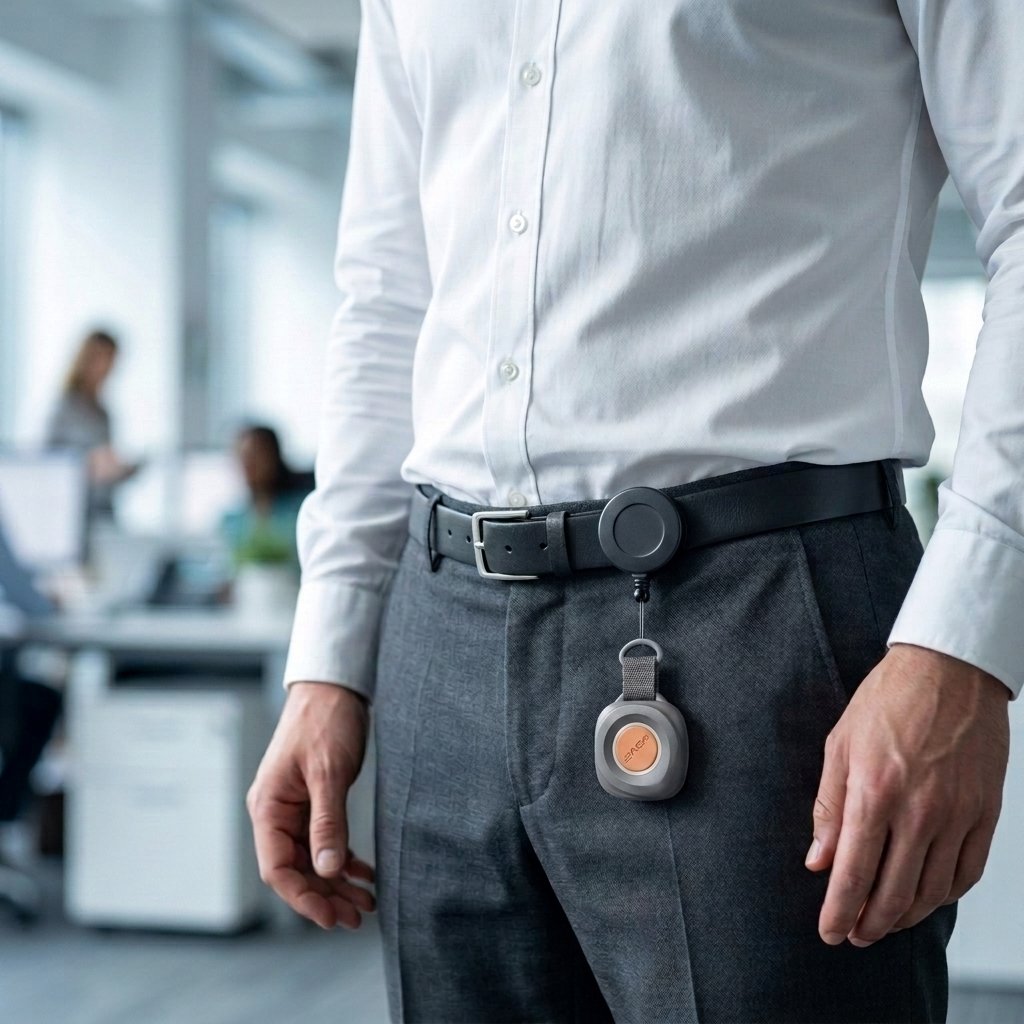 SAGA tag worn on a badge reel at the belt