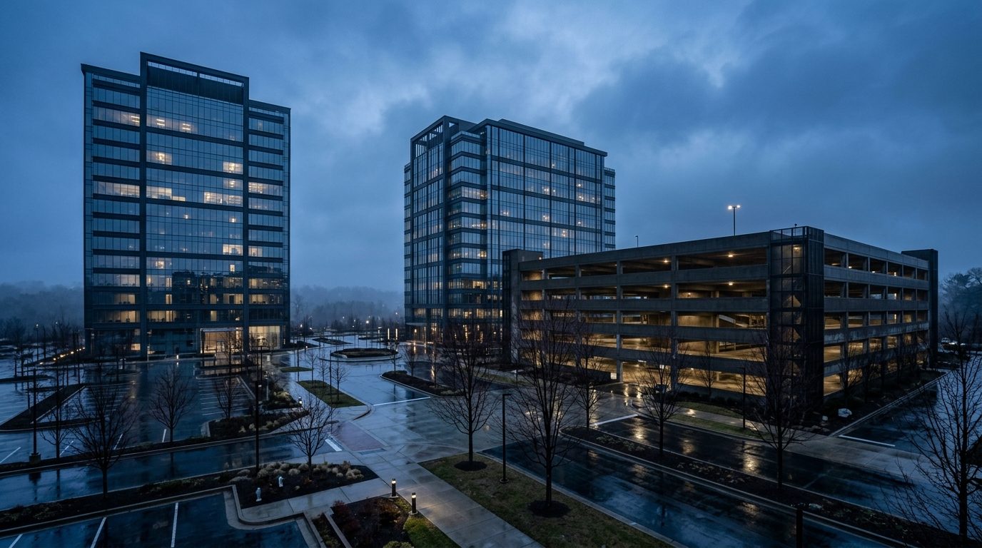 Corporate campus at dusk