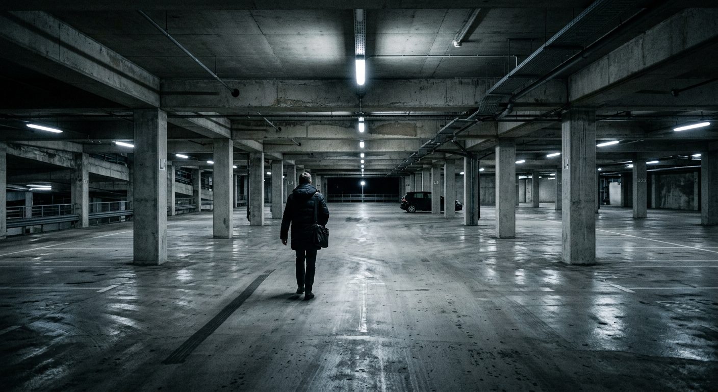 Employee walking through a parking structure at night